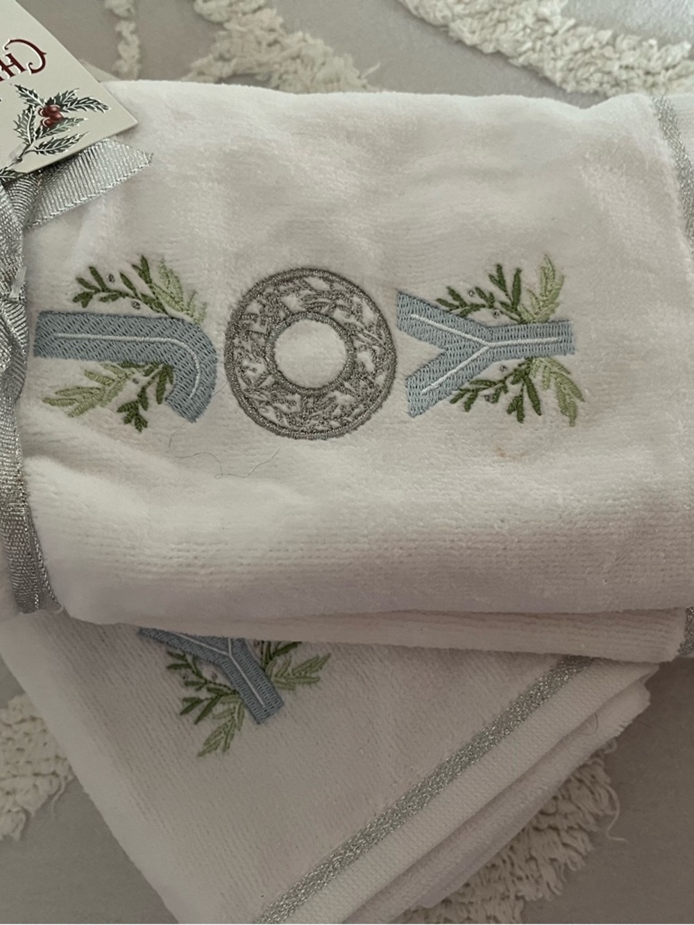 White Embroidered Home Bath Towels with Silver Accents